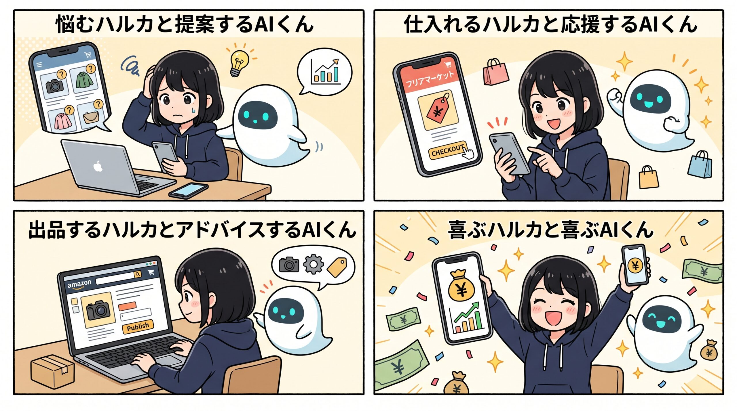 せどり転売副業 完全ガイド 4コマ漫画 ハルカとAIくん