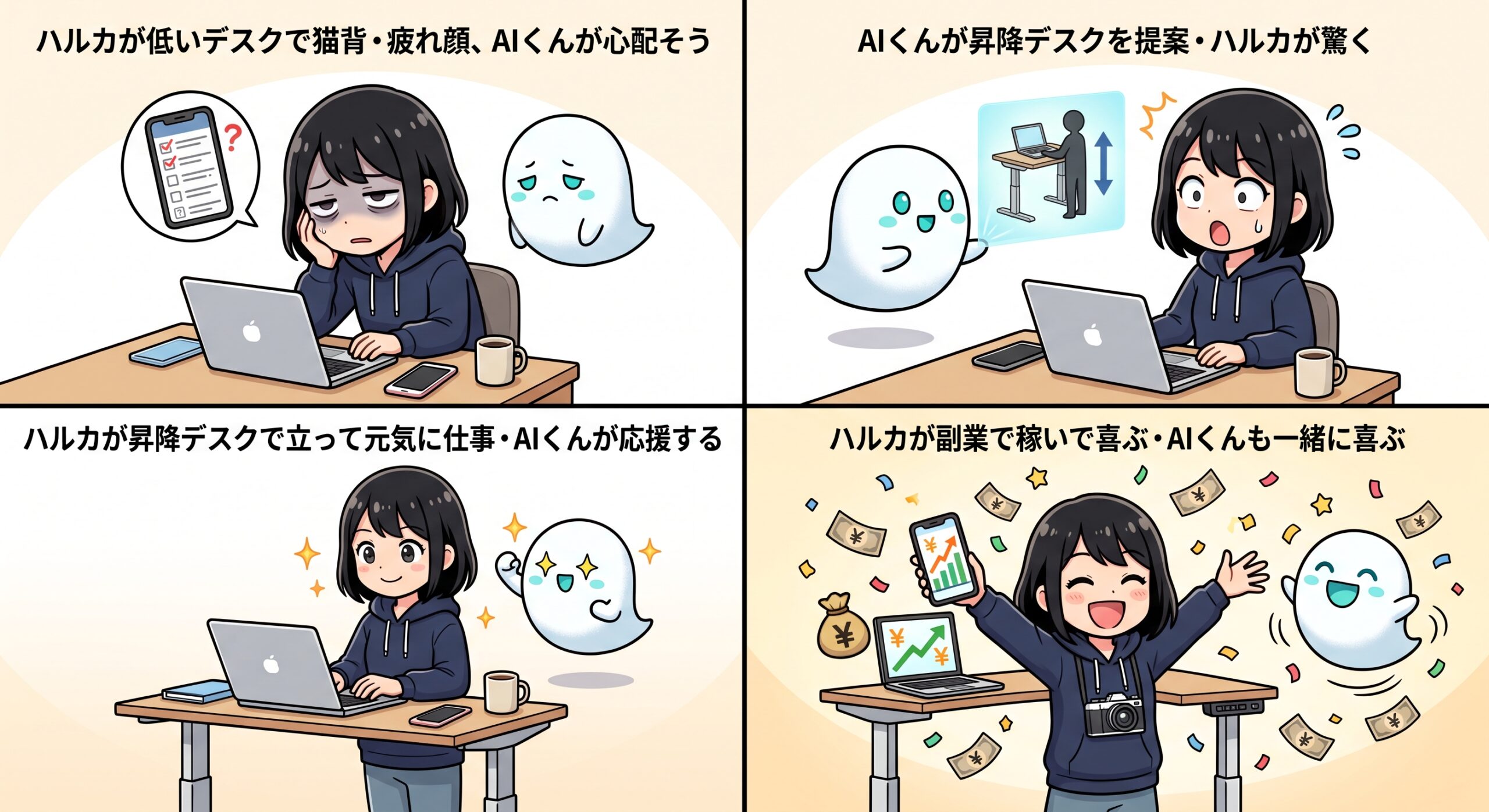 昇降式デスク スタンディングデスク 4コマ漫画 ハルカとAIくん