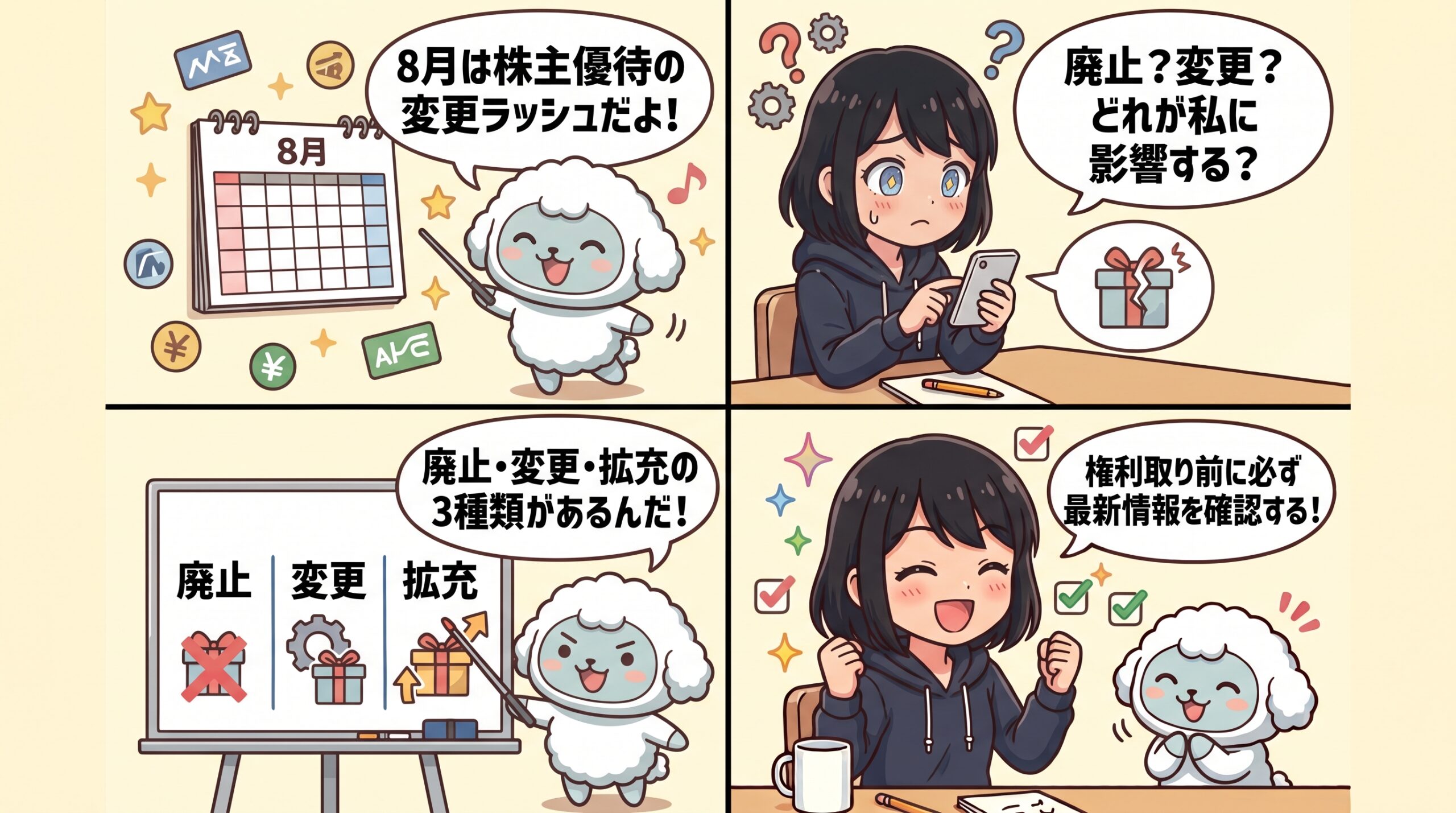 8月株主優待変更まとめ2026｜ハルカとAIくんのセリフ付き4コマ漫画