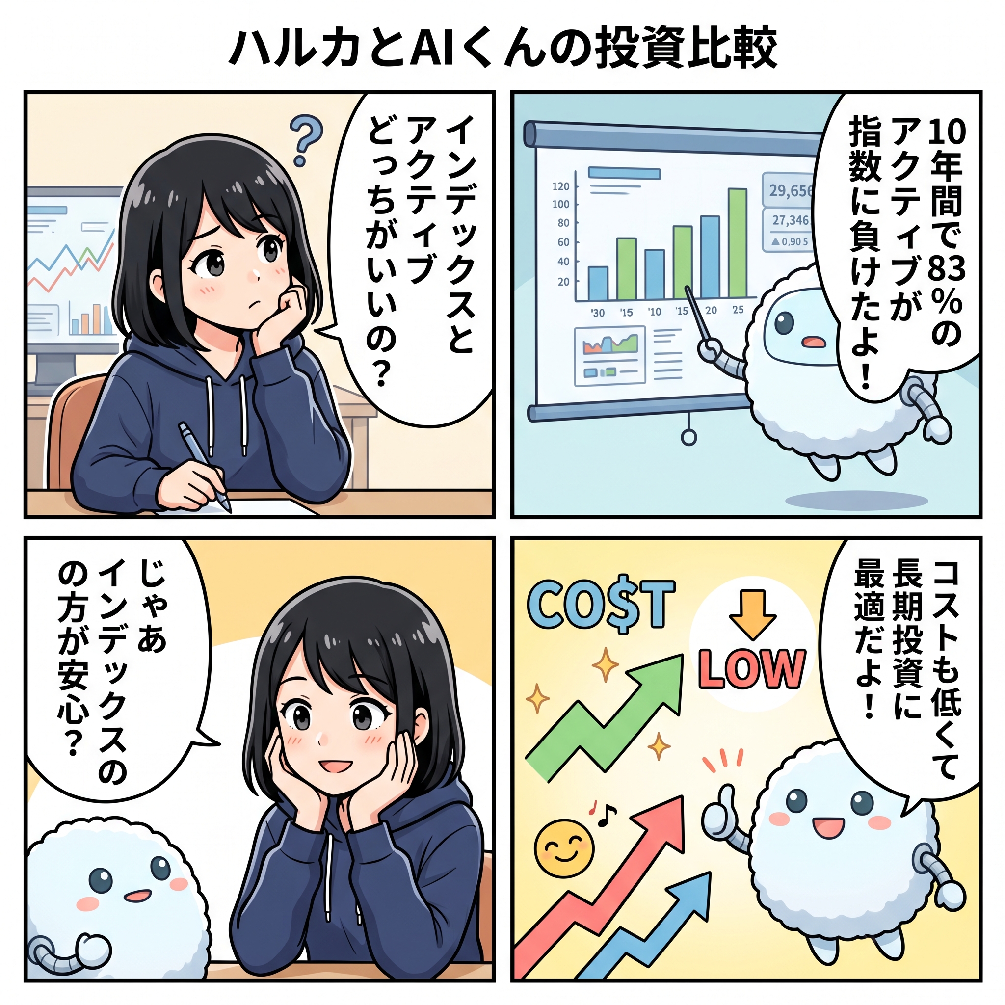 インデックスvsアクティブ投資 4コマ漫画