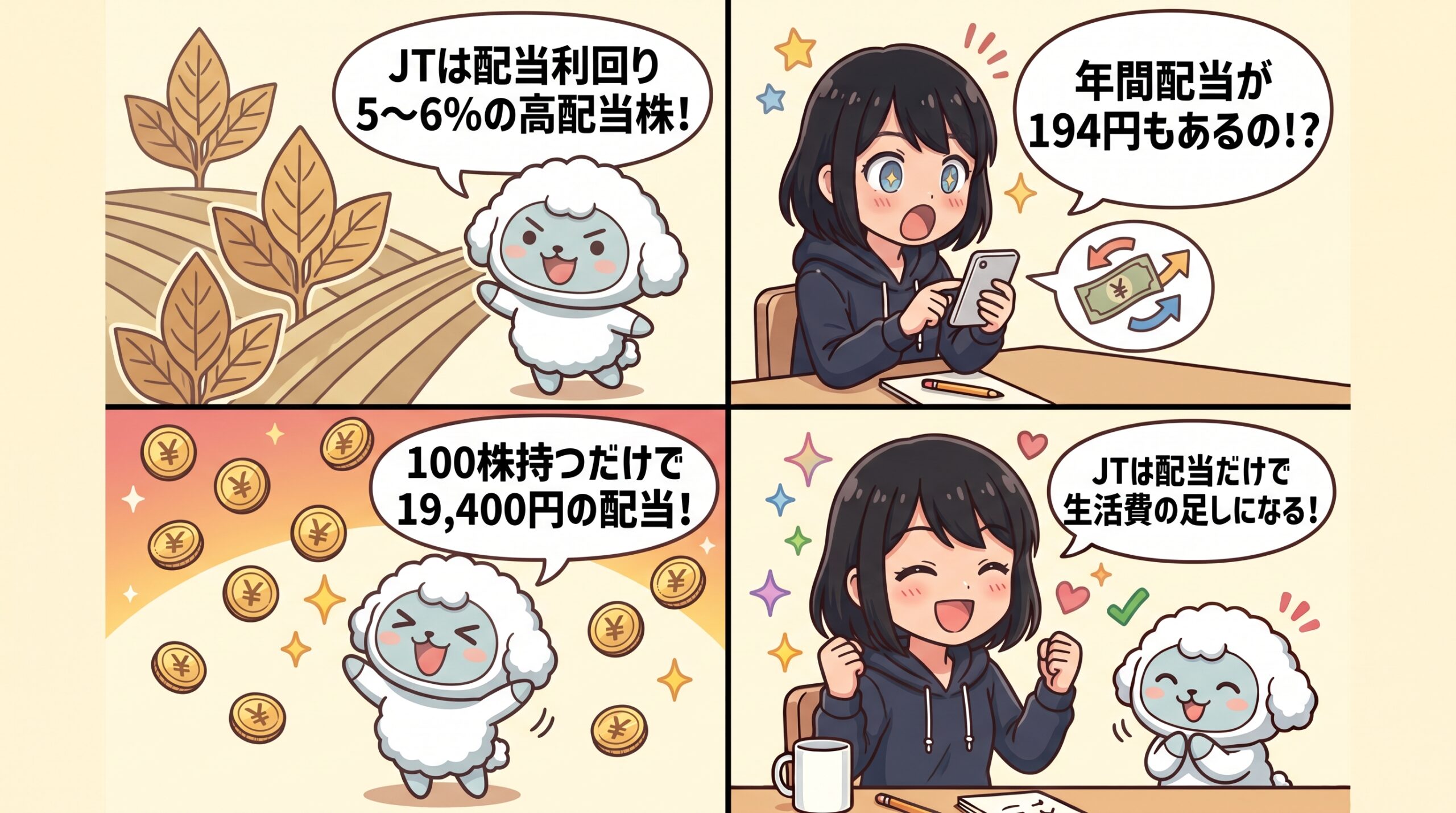 JT高配当2026｜ハルカとAIくんのセリフ付き4コマ漫画