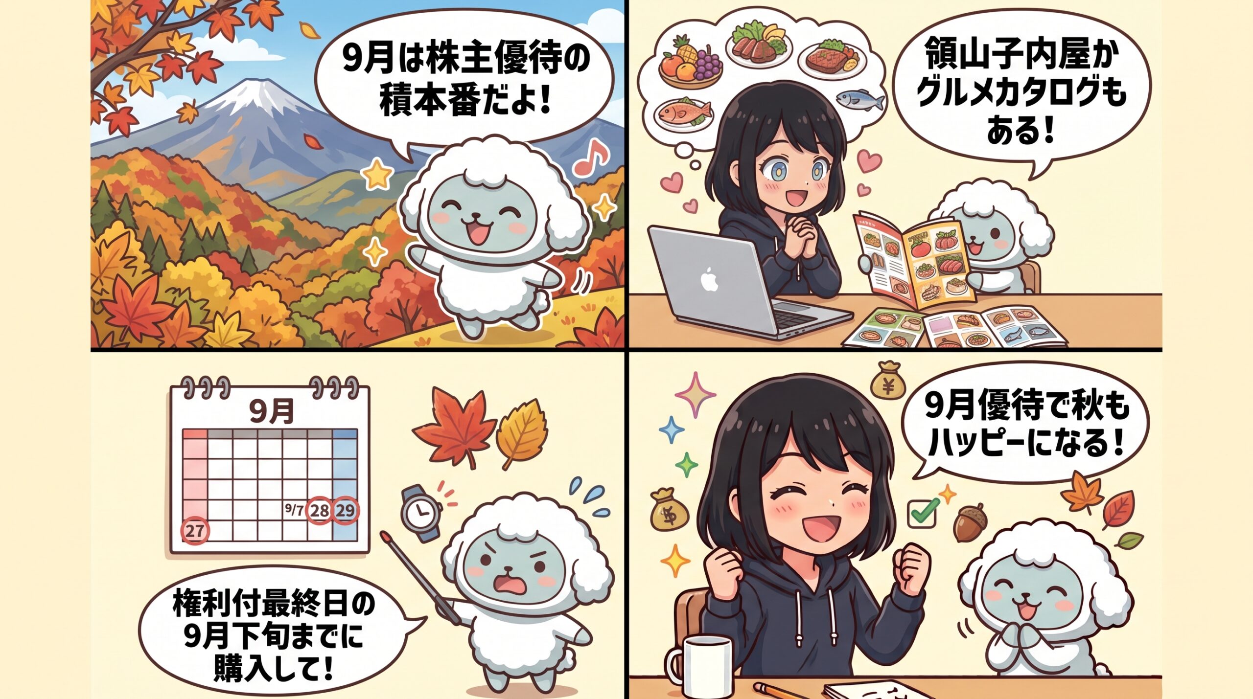 9月株主優待おすすめ2026｜ハルカとAIくんのセリフ付き4コマ漫画