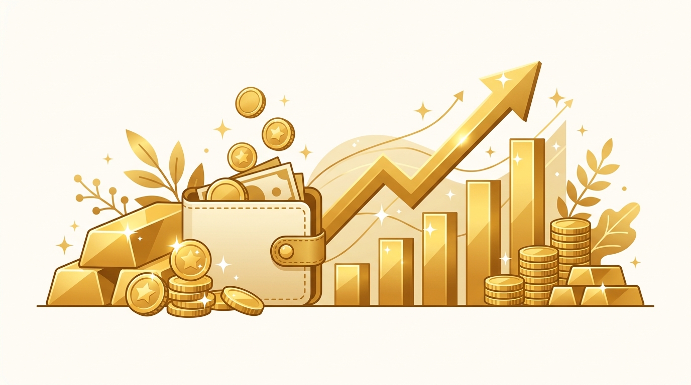 金投資始め方 ゴールドバー・金貨・投資グラフのフラットイラスト