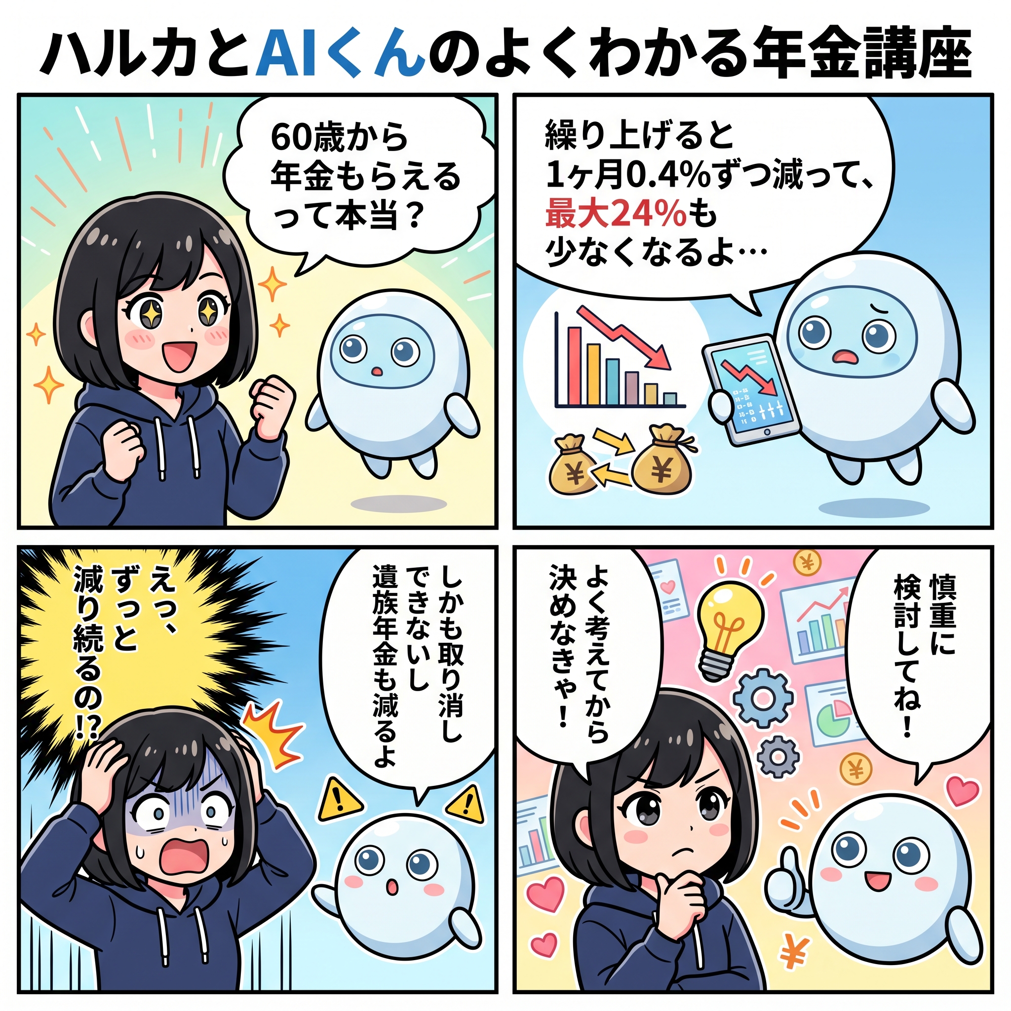 ハルカとAIくん ep16 年金繰り上げ受給の落とし穴4コマ漫画