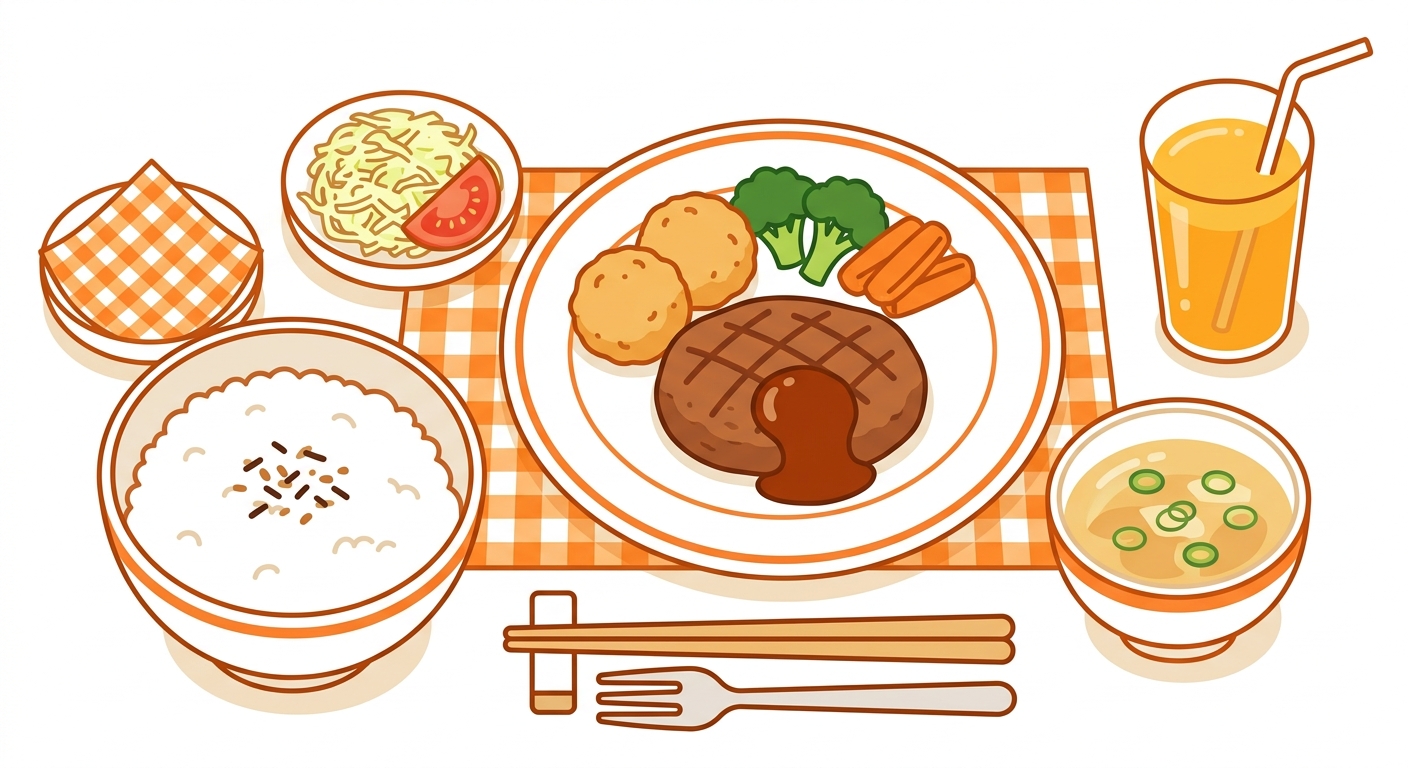 ジョイフル株主優待 ファミリーレストランの料理と食事割引券を並べたフラットイラスト