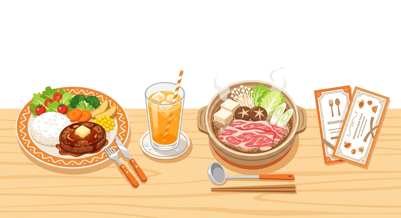 すかいらーく株主優待 ファミリーレストランの食事と優待チケットのフラットイラスト