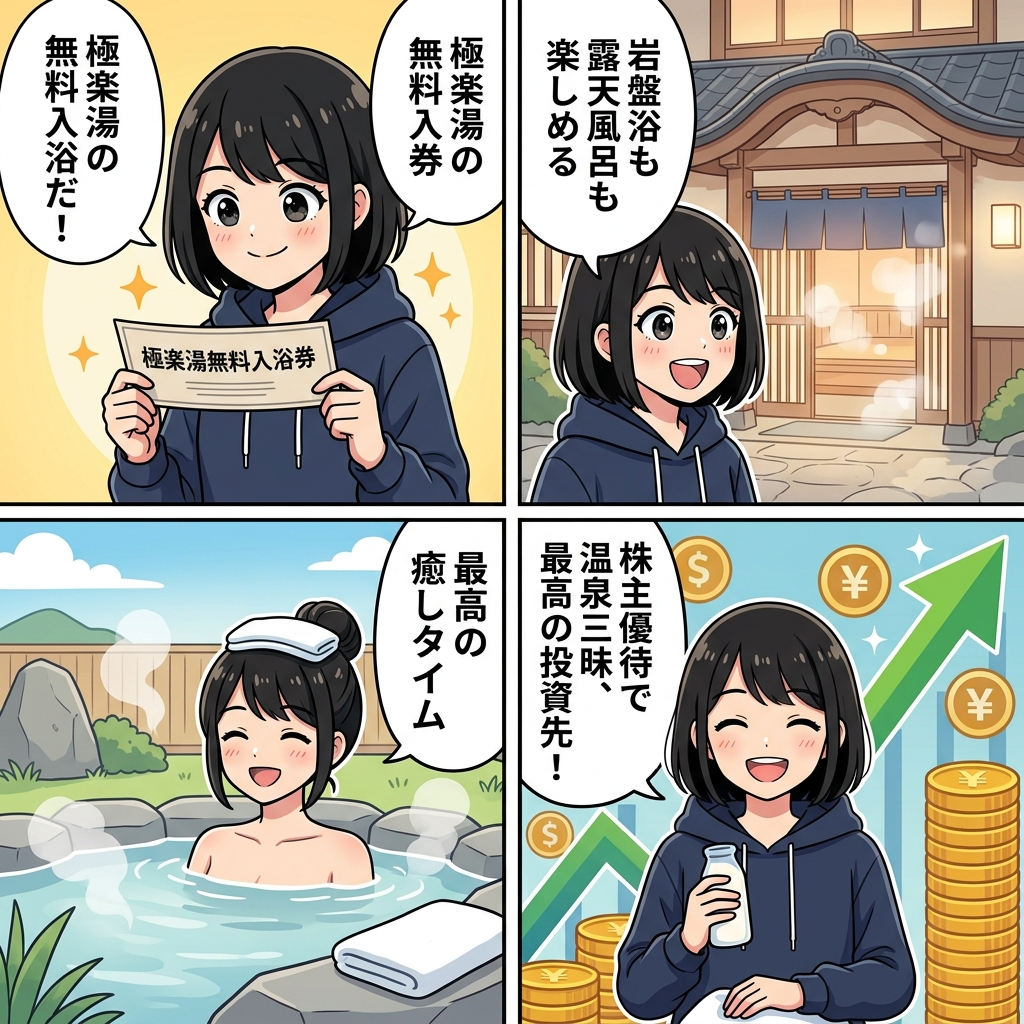 極楽湯HD株主優待 4コマ漫画 ハルカ