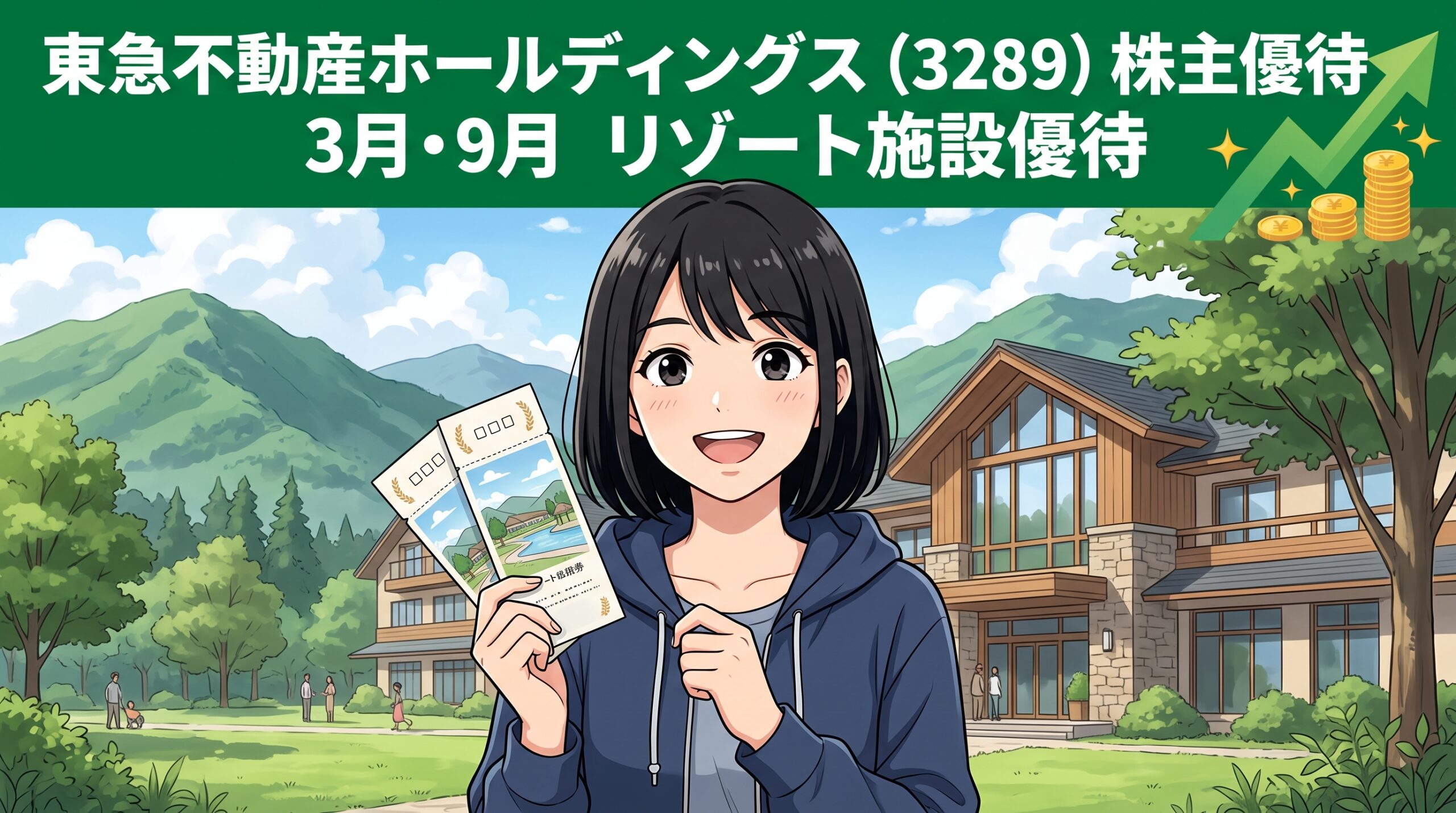 東急不動産ホールディングス株主優待 ハルカがリゾートホテル優待券を持って喜ぶイラスト