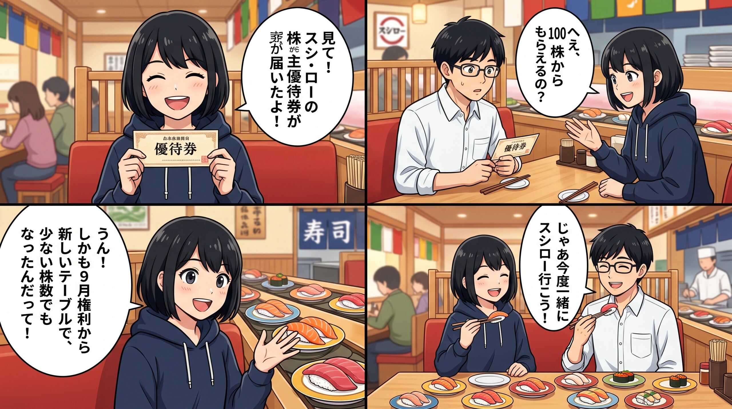 FOOD&LIFE COMPANIES株主優待 スシロー4コマ漫画