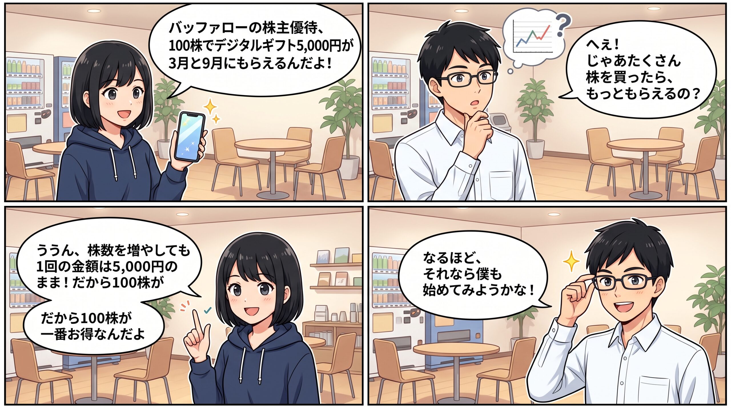 バッファロー株主優待 6676 4コマ漫画