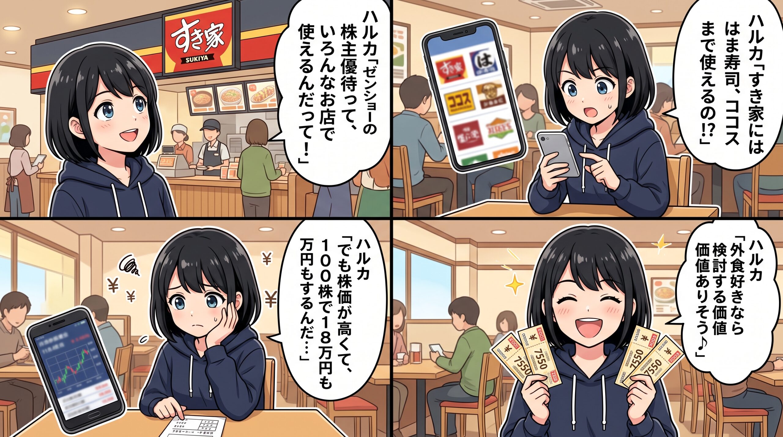 ゼンショーホールディングス株主優待 4コマ漫画 ハルカが食事券を紹介