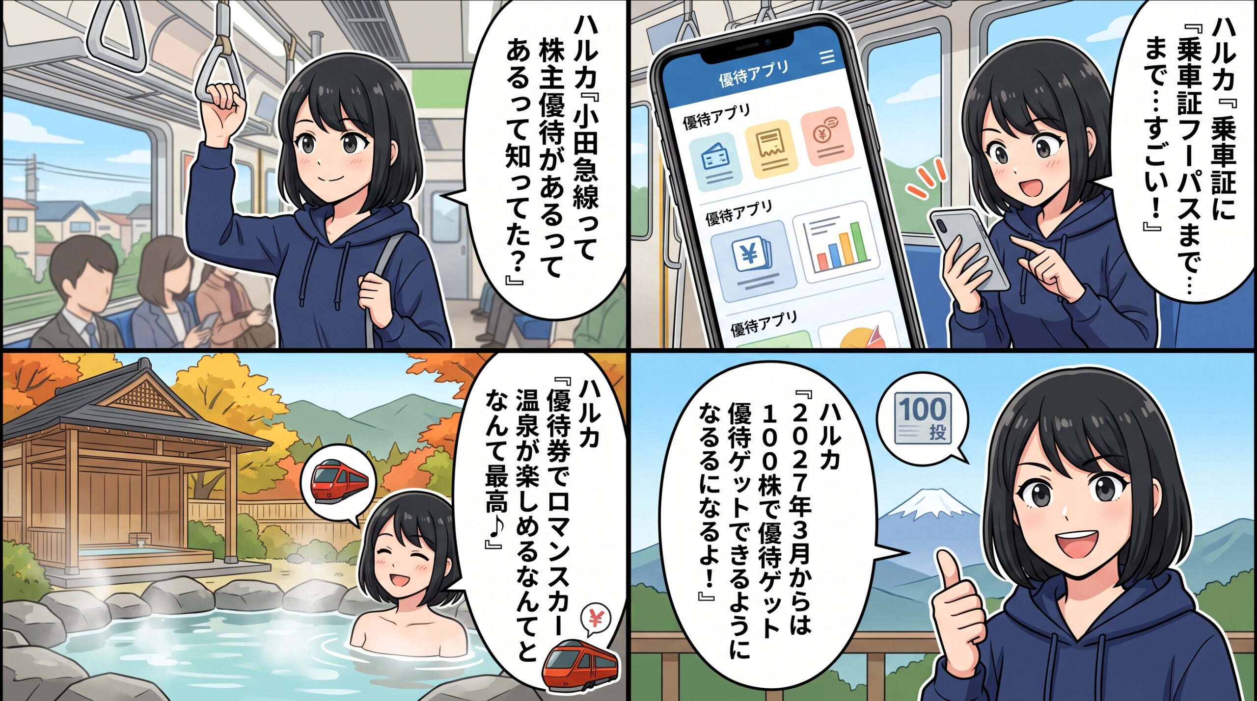 小田急電鉄株主優待 4コマ漫画 ハルカが乗車証と箱根フリーパスを紹介