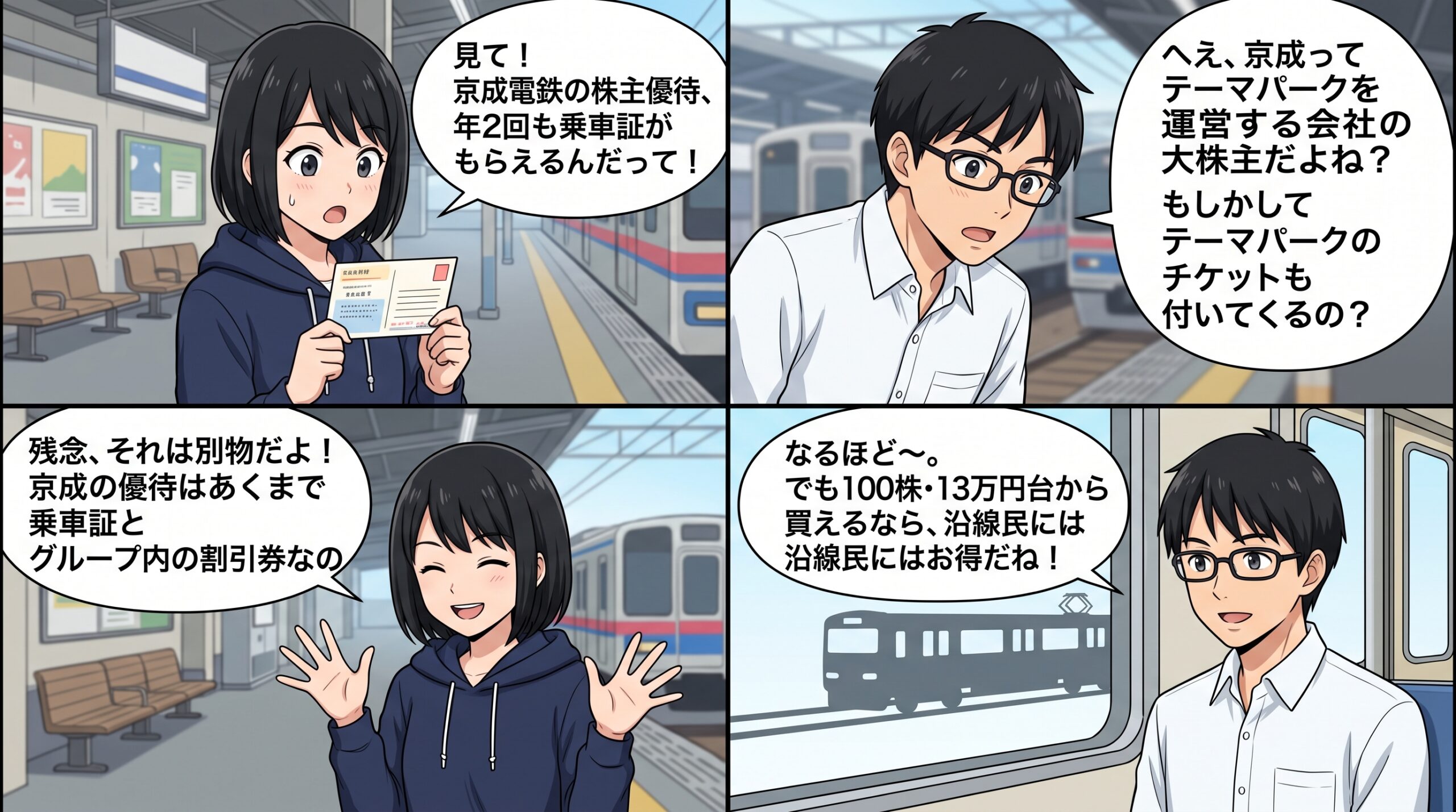 京成電鉄株主優待 4コマ漫画 ハルカとユウタ