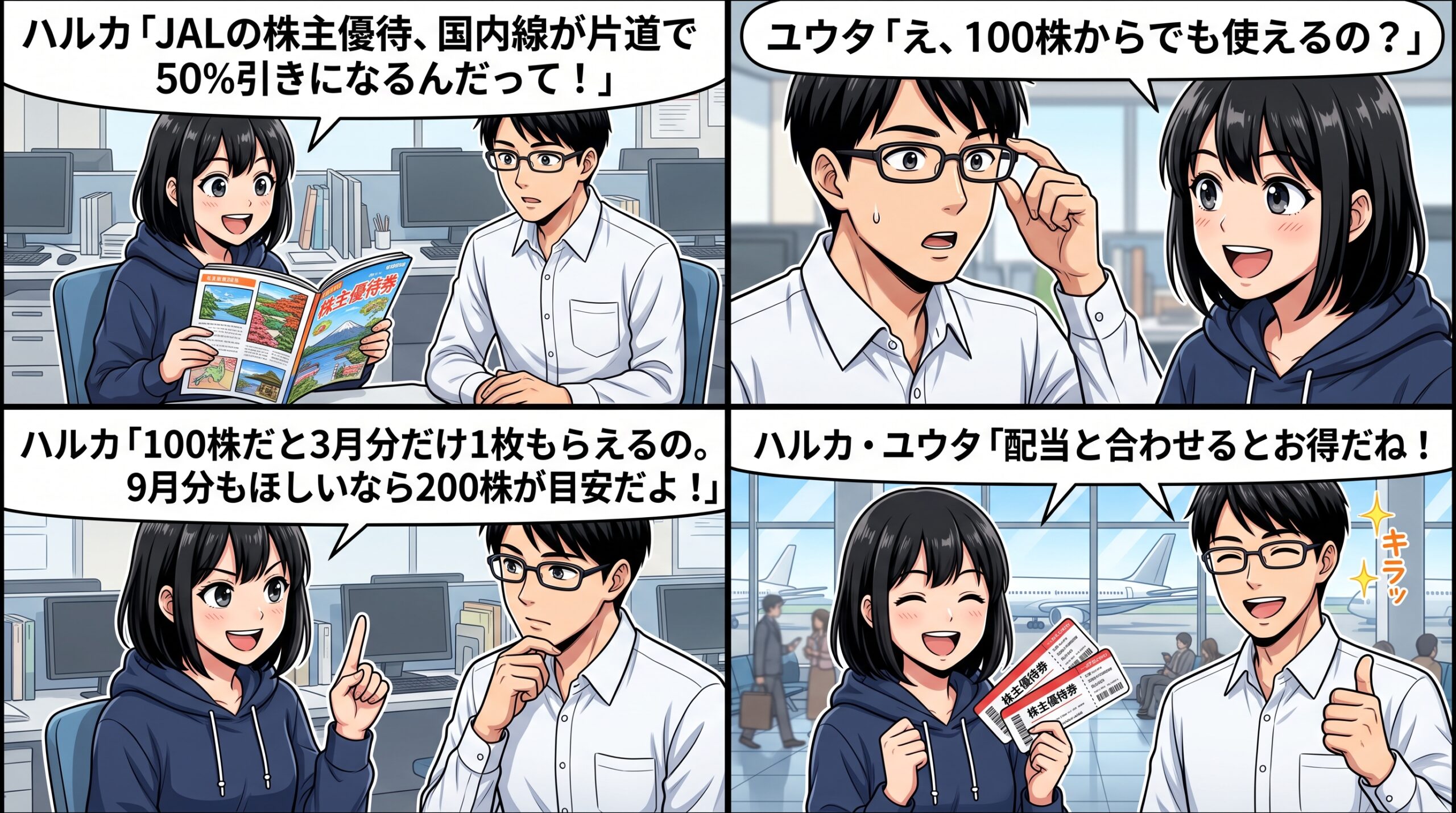 日本航空株主優待 4コマ漫画 ハルカとユウタ