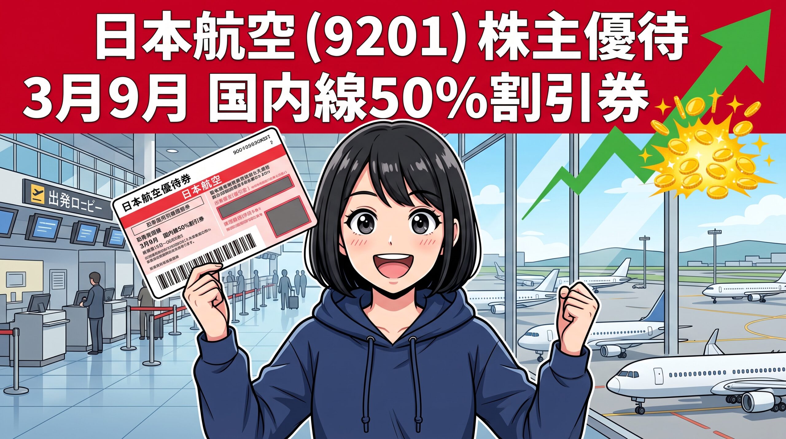 日本航空株主優待 ハルカが搭乗券を持つイラスト