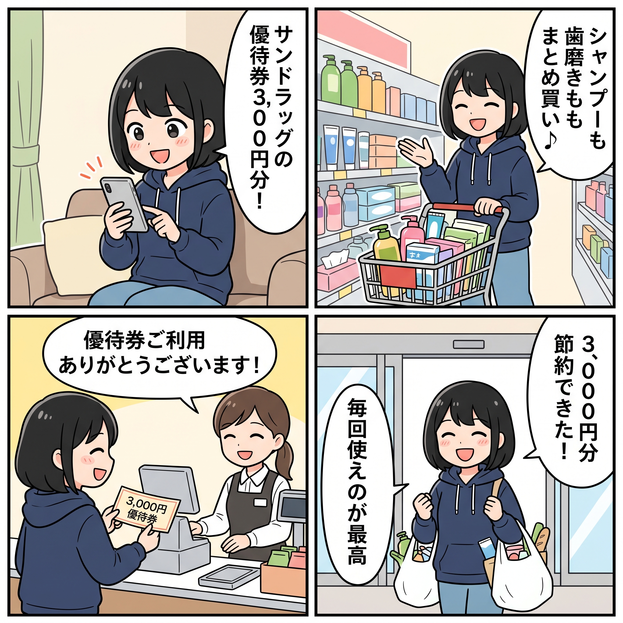 サンドラッグ株主優待 4コマ漫画 ハルカ