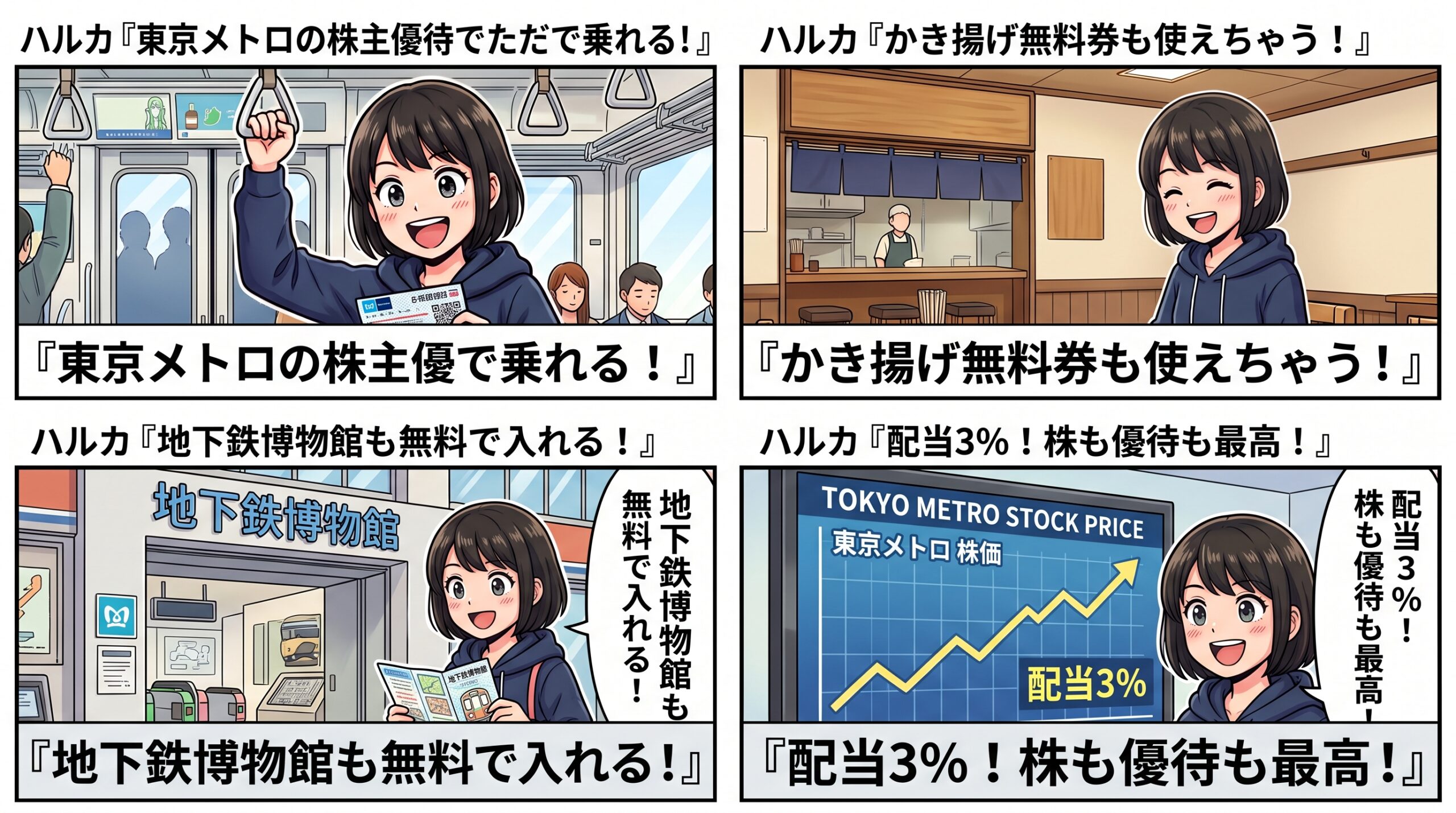 東京メトロ株主優待 4コマ漫画 ハルカが全線きっぷ・かき揚げ無料券・地下鉄博物館・配当を紹介
