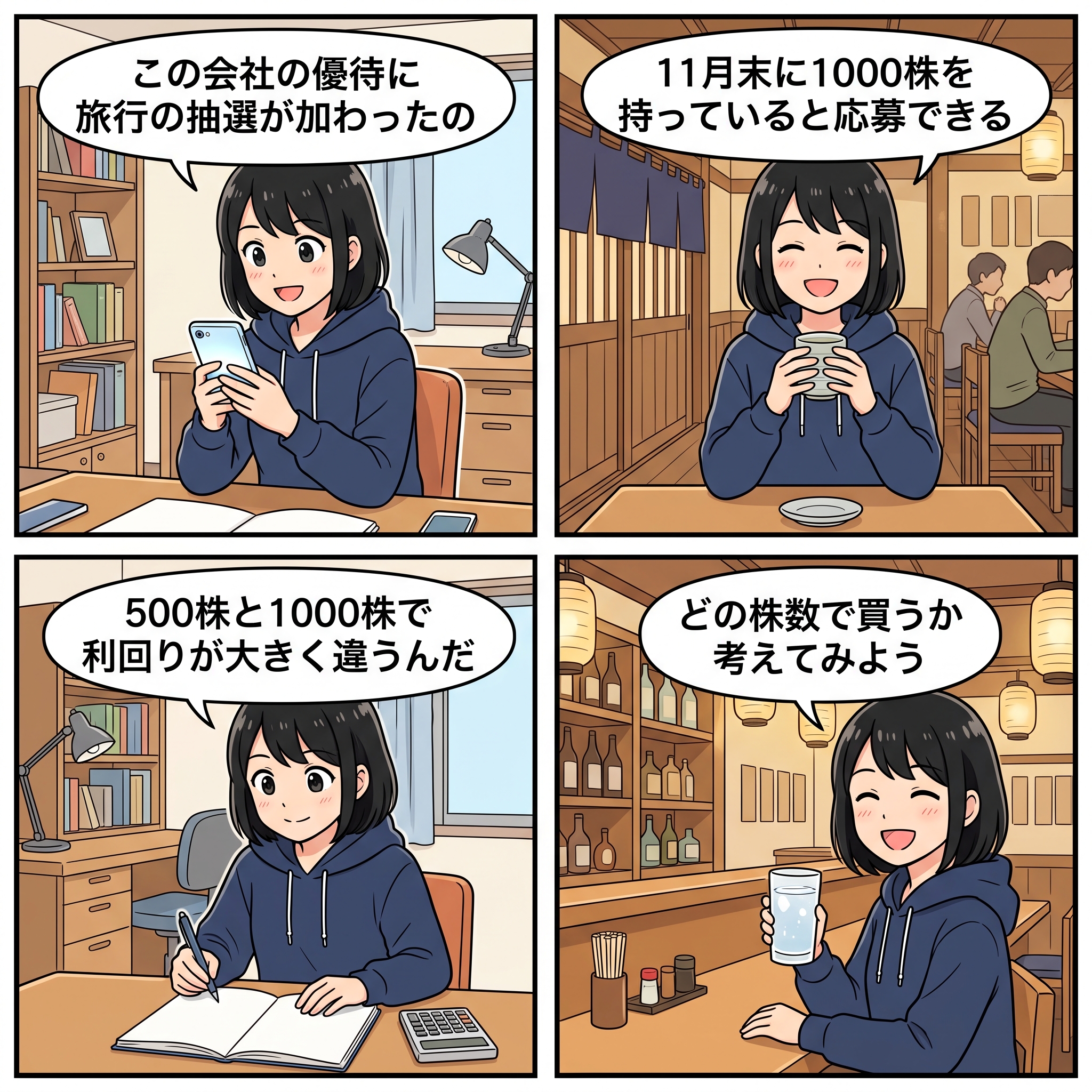 ホリイフードサービス株主優待の4コマ漫画 ハルカが優待の内容と権利月を説明するイラスト