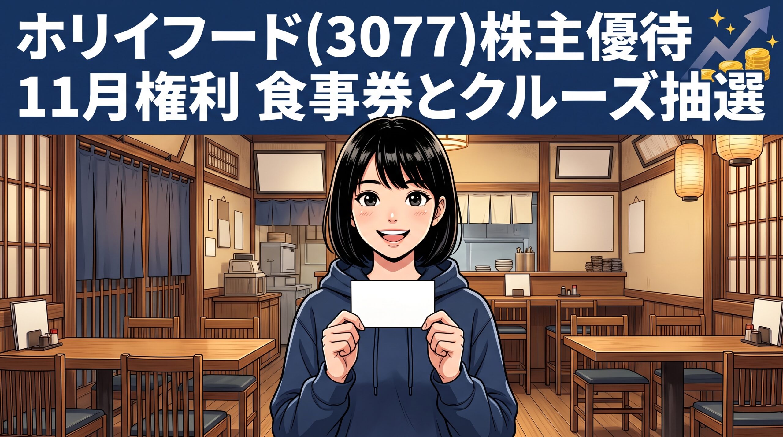 ホリイフード（3077）株主優待 11月権利 食事券とクルーズ抽選 のイメージイラスト