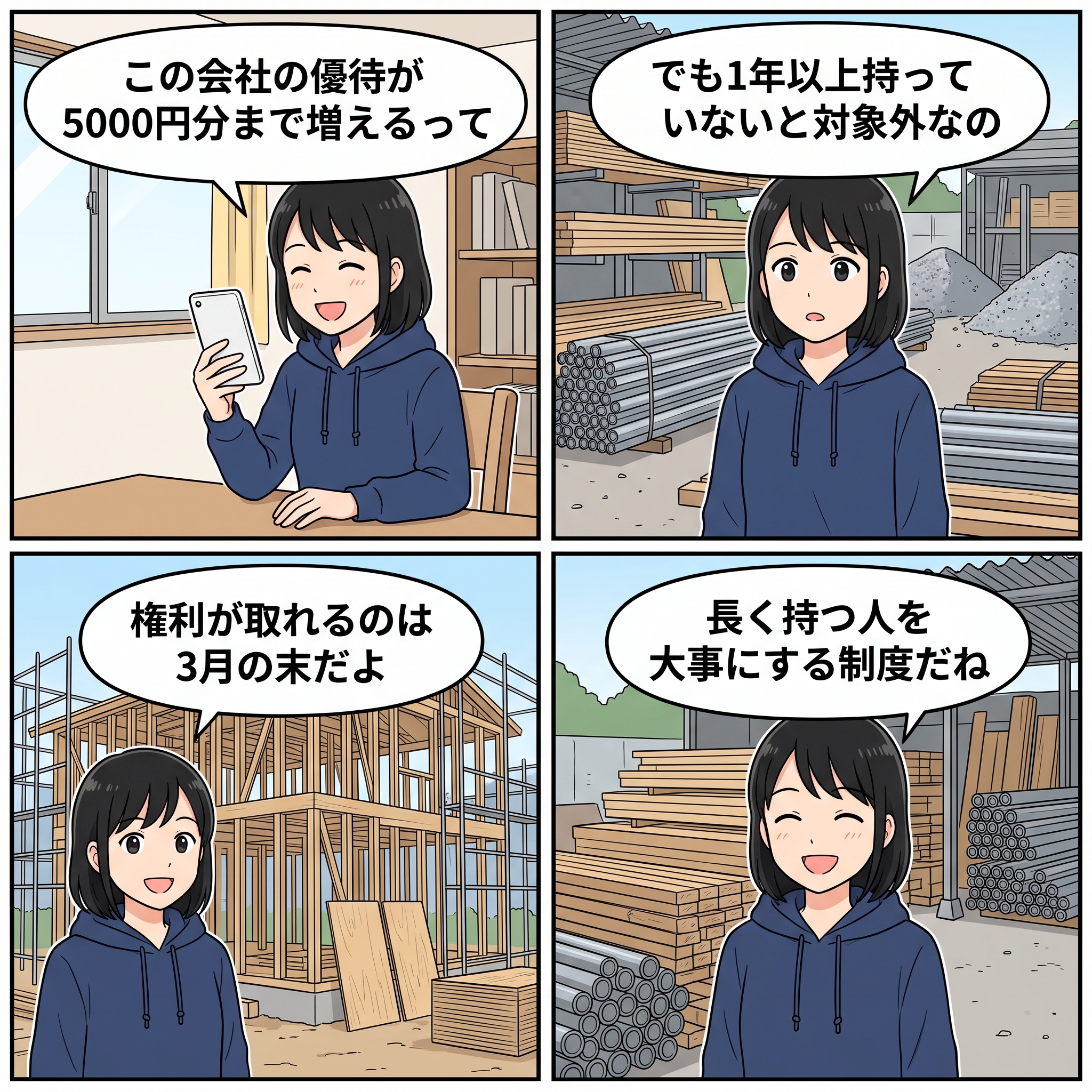 クワザワHD株主優待の4コマ漫画 ハルカが優待の内容と権利月を説明するイラスト